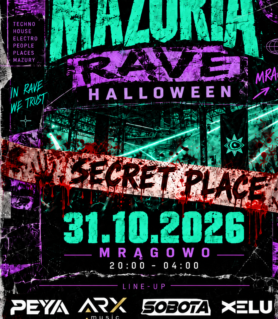 Plakat Mazuria Rave Halloween 2026 – impreza muzyki elektronicznej 31 października w Mrągowie, godz. 20:00–04:00.